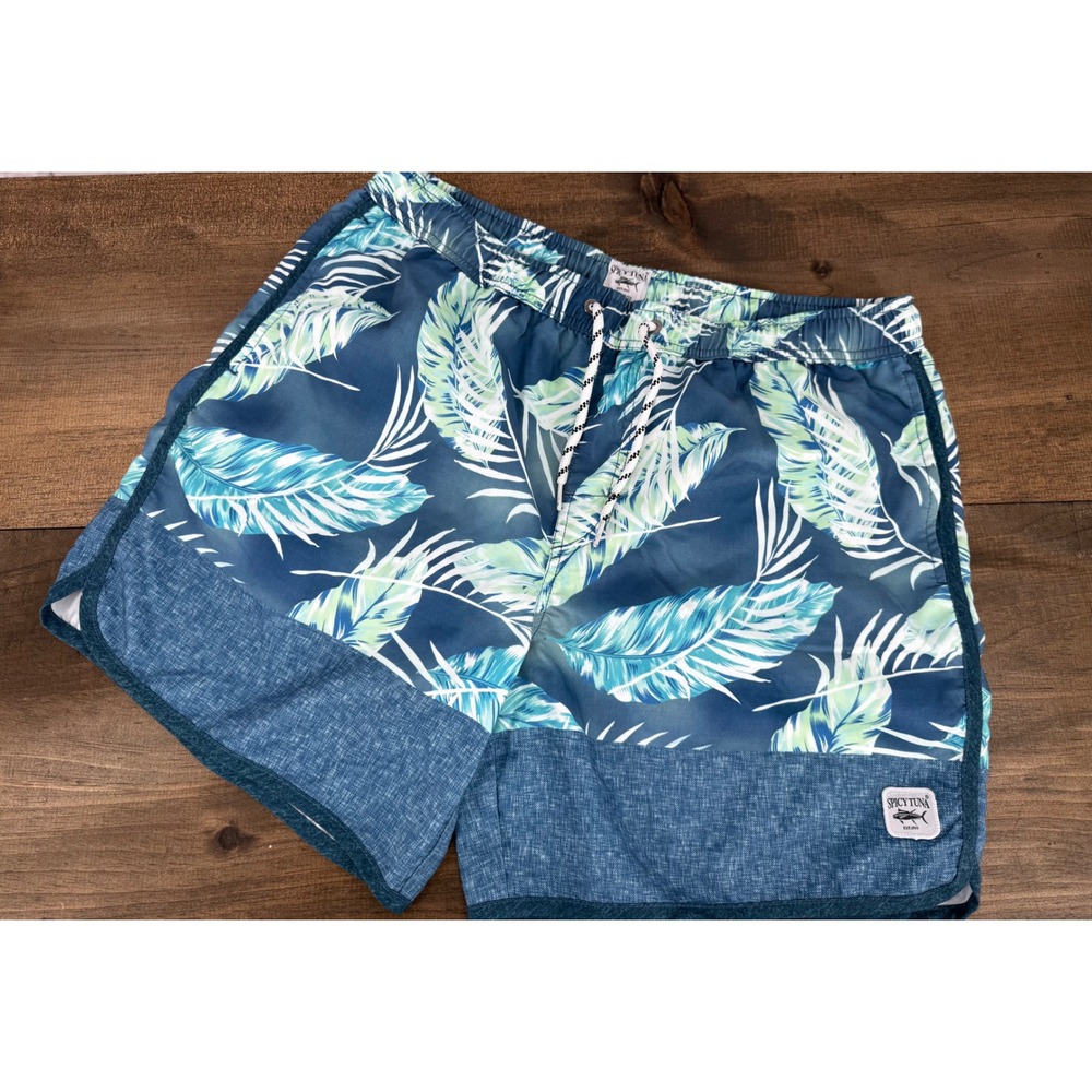 Spicy Tuna Mens XL Swim Trunks Blue Tropical Palm Leaf Mesh‎ Lined Board Shorts